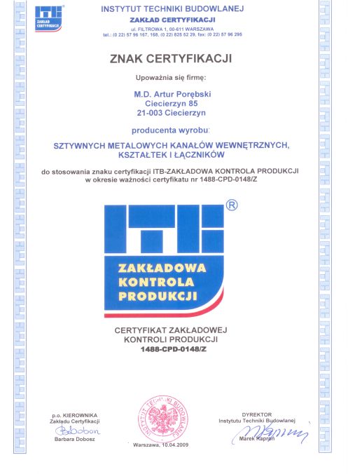 Certyfikat zakładowej kontroli produkcji